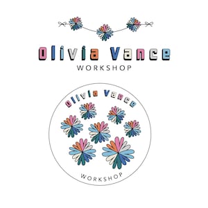 Puede incluir: Un diseño de logotipo con el texto Olivia Vance Workshop en una fuente de bloques multicolor. Sobre el texto hay tres formas florales estilizadas conectadas por una línea fina. Debajo, un emblema circular contiene el mismo texto y seis motivos florales.