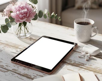 Feminin iPad-modell: Rosa och guld skrivbordsstil Stockfoto