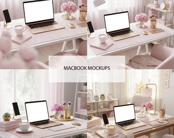 Macbook Mockup Bundle: Modern Desktop Screen, Neutral Office (JPG)