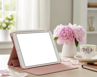 Feminine iPad Mockup: Pink & Gold Desk Styled Stock Photo