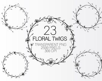 Floral Twig Wreaths Clip Art: Hand-Drawn Botanical PNG Bundle (Digital Download)