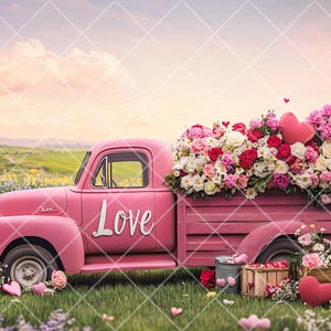 May include: A pink vintage pickup truck with a bed full of pink, red, and white flowers. The truck has the word "Love" painted on the side. The truck is parked in a field of flowers.