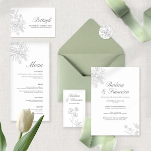 Minimalistische und florale Hochzeitseinladung, grafische Koordinate für elegante Hochzeit, Tischkarte, Tischkarte, Menü, komplett anpassbares Set