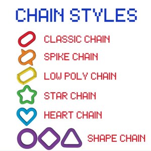 May include: A digital chart titled CHAIN STYLES in blue pixelated font. It lists and illustrates six chain types: red Classic Chain, orange Spike Chain, yellow Low Poly Chain, green Star Chain, blue Heart Chain, and purple Shape Chain.