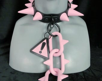 Black / Pastel Pink Caution Chunky Spike Collar | Rave | Goth | Clown
