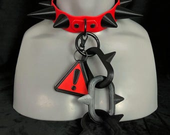 Red / Black Caution Chunky Spike Collar | Choker | Rave | Goth | Clown