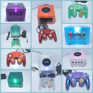 Różne kolory, przezroczysta, przezroczysta konsola Nintendo GameCube DOL-001 (USA) z oryginalnym, oryginalnym kontrolerem OEM i przewodami