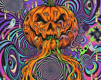 Halloween Printable Wall Art, Melting Jack O Lantern, Psychedelic Blacklight Poster, Trippy Spooky Decor, Instant Download