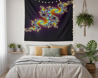 Tapiz psicodélico, fractal de dragón, colgante de pared fractal de neón, decoración psicodélica para piso