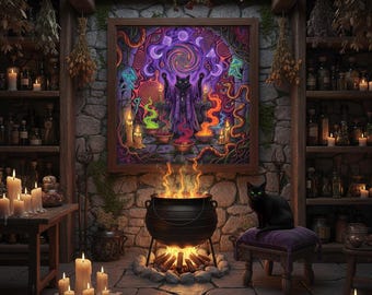 Mural de pared imprimible de Halloween, gatos brujas ocultistas, póster psicodélico de luz negra, decoración alucinante, descarga instantánea
