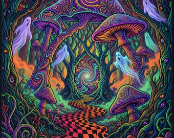 Halloween Printable Wall Art, Haunted Mushroom Forest, Psychedelic Blacklight Poster, Trippy Spooky Decor, Instant Download