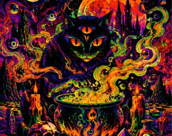 Halloween Printable Wall Art, Witch Cat Cauldron, Psychedelic Blacklight Poster, Trippy Spooky Decor, Instant Download
