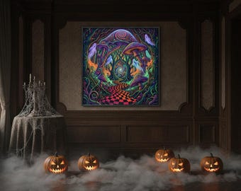Mural de pared imprimible de Halloween, Bosque de Hongos Encantados, Póster Psicodélico con Luz Negra, Decoración Alucinante, Descarga Instantánea