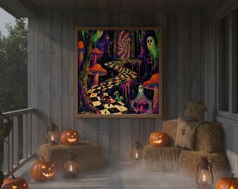 Mural de pared de Halloween para imprimir, bosque encantado con setas amanita muscaria, póster psicodélico de luz negra, decoración alucinante, descarga instantánea.