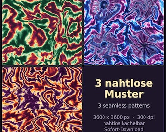 Digital Paper Sample, 3 Seamless Psychedelic Patterns, Trippy Kaleidoscope Backgrounds, Instant Download
