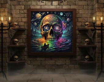 Mural de pared de Halloween imprimible, Culto de la Calavera Cósmica, Póster psicodélico de luz negra, Decoración alucinante, Descarga instantánea