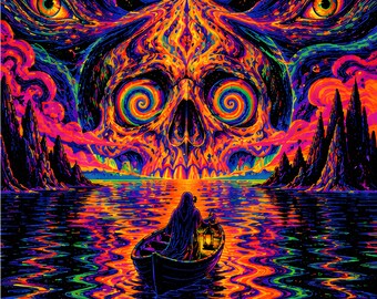 Halloween Wandbild zum Ausdrucken, Totenschädel über dem See, Psychedelisches Neon Poster, Trippy Deko, Sofort Download