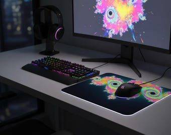 Alfombrilla de ratón psicodélica, fractal de caballito de mar, decoración de escritorio con fractal de neón, regalo para gamers