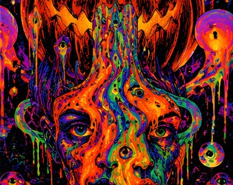 Halloween Printable Wall Art, Melting Pumpkin Face, Psychedelic Blacklight Poster, Trippy Spooky Decor, Instant Download