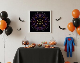 Lámina decorativa de Halloween para imprimir, mandala de calabaza neón, póster estilo luz negra, decoración psicodélica, descarga instantánea.