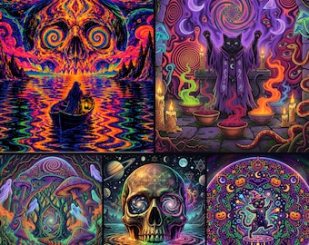 Trippy Wall Art Set of 5, Psychedelic Halloween Print Bundle, Witchy Blacklight Posters, Instant Download