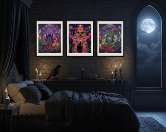 Conjunto de arte mural psicodélico con 5 diseños, paquete de Halloween psicodélico, pósteres de brujas con luz negra, descarga instantánea.