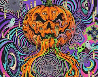 Halloween Printable Wall Art, Melting Jack O Lantern, Single Print DIN A, Psychedelic Blacklight Poster, Instant Download