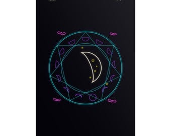Halloween Wall Art Print, Witchy Moon Phases Poster, Neon Celestial Decor, Blacklight Style, Witch Room Decor