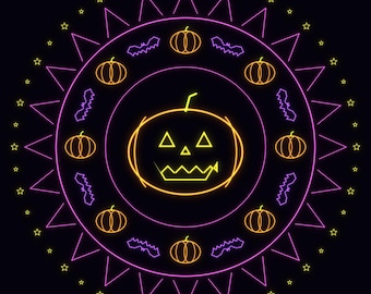 Halloween Printable Wall Art, Neon Pumpkin Mandala, Blacklight Style Poster, Trippy Jack O Lantern, Instant Download