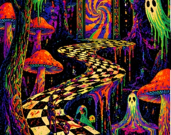 Halloween Printable Wall Art, Ghost Forest Mushrooms, Psychedelic Blacklight Poster, Trippy Spooky Decor, Instant Download