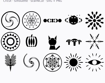 Trippy SVG Bundle, 15 Psychedelic Cut Files, Mandala Crop Circle Moon Phases, Cricut Silhouette, Instant Download