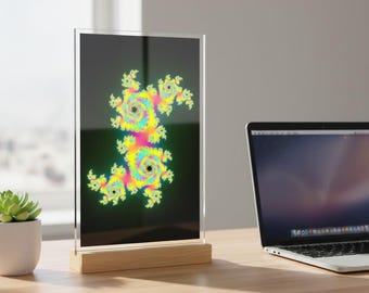 Pintura acrílica fractal, fractal de copo de nieve ácido, pintura fractal neón con soporte de madera, decoración psicodélica