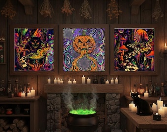 Conjunto de arte mural psicodélico con 5 diseños, paquete de Halloween psicodélico, conjunto de pósteres que brillan bajo luz negra, descarga instantánea.