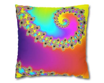 Psychedelic Throw Pillow Cover 18x18, Neon Fractal Cushion, Mandelbrot Math Art, Trippy Dorm Decor
