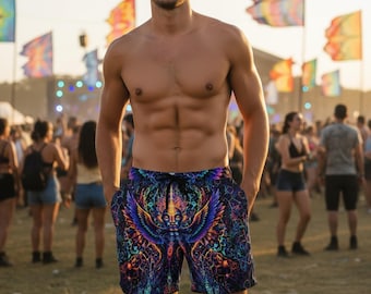 Pantalones cortos para hombre estilo festival, bañadores psicodélicos, pantalones cortos para fiestas rave, bañadores psytrance con mandala.