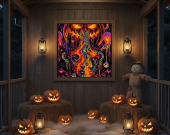 Mural de pared imprimible de Halloween, Cara de Calabaza Derretida, Póster Psicodélico con Luz Negra, Decoración Alucinante, Descarga Instantánea