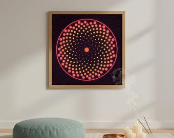 Mural de geometría sagrada para imprimir, círculo de cultivo neón, espiral de Fibonacci dorada, descarga instantánea.