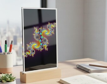 Pintura acrílica fractal, fractal de dragón, pintura fractal neón con soporte de madera, decoración psicodélica