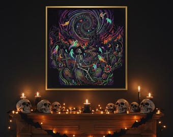 Mural de pared de Halloween imprimible, cementerio psicodélico, póster psicodélico con luz negra, decoración alucinante, descarga instantánea.