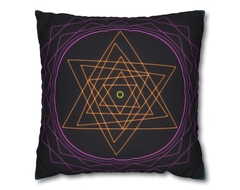 Psychedelic Throw Pillow Cover 18x18, Yantra, Neon Fractal Cushion, Generative Art, Trippy Dorm Decor