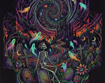 Halloween Printable Wall Art, Psychedelic Graveyard, Psychedelic Blacklight Poster, Trippy Spooky Decor, Instant Download