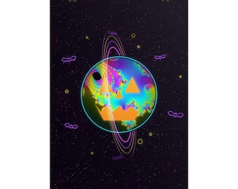 Halloween Wall Art Print, Trippy Pumpkin Poster, Psychedelic Space Decor, Blacklight Style, Dorm Room Wall Decor