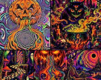 Trippy Wall Art Set of 5, Psychedelic Halloween Printable Bundle, Blacklight Poster Set, Instant Download
