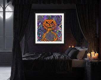 Mural de pared imprimible de Halloween, calabaza derretida, póster psicodélico con luz negra, decoración alucinante, descarga instantánea.