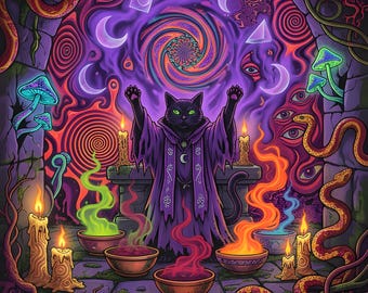 Halloween Printable Wall Art, Occult Witch Cats, Psychedelic Blacklight Poster, Trippy Spooky Decor, Instant Download