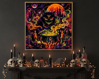 Mural de pared de Halloween para imprimir, gato bruja en el caldero, póster psicodélico con luz negra, decoración alucinante, descarga instantánea.