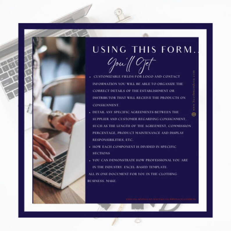 Peut inclure: Un &eacute;cran d'ordinateur portable affichant un formulaire avec le texte "USING THIS FORM. You'll Get" et une liste d'avantages. Le texte &agrave; l'&eacute;cran est blanc et l'arri&egrave;re-plan est bleu fonc&eacute;. Le formulaire est destin&eacute; &agrave; organiser les d&eacute;tails d'une entreprise de consignation.