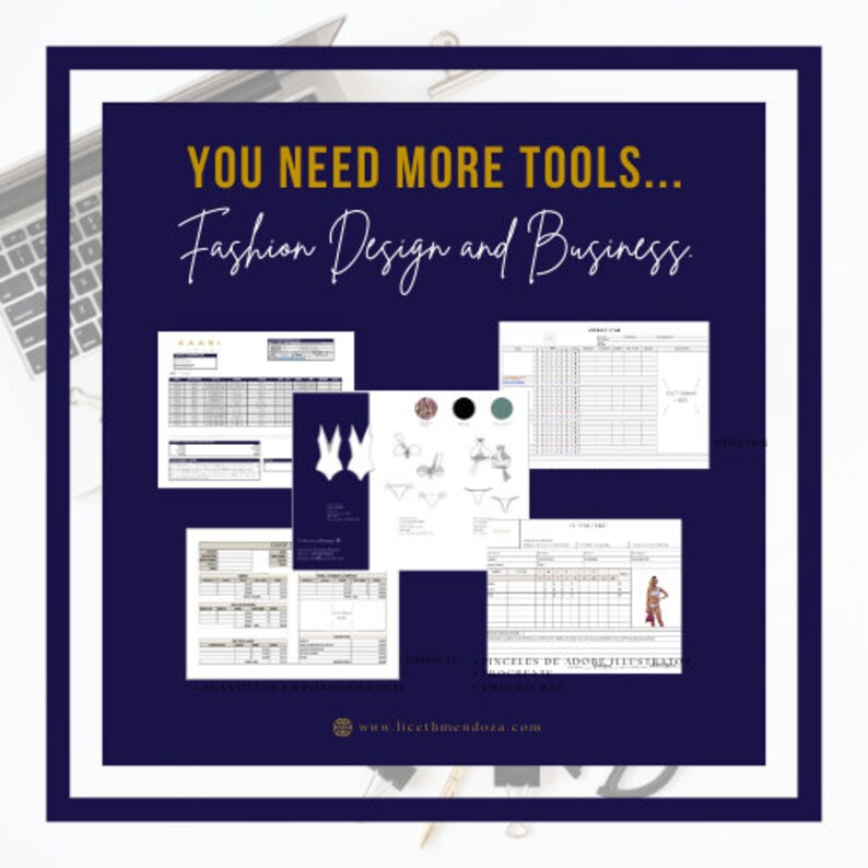 Peut inclure: Un ensemble d'outils de conception et d'affaires de mode, comprenant un tableau des tailles, un tech pack et un croquis plat d'un maillot de bain. Le texte "YOU NEED MORE TOOLS... Fashion Design and Business." est affich&eacute; en haut de l'image. L'adresse du site Web "www.licethmendoza.com" est affich&eacute;e en bas de l'image.