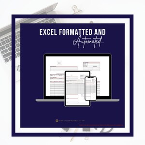 Peut inclure: Un ordinateur portable, une tablette et un smartphone affichant une feuille de calcul avec le texte "EXCEL FORMATTED AND Automated..." sur l'&eacute;cran de l'ordinateur portable. L'adresse du site Web "www.lizetmendora.com" est affich&eacute;e en bas de l'image.
