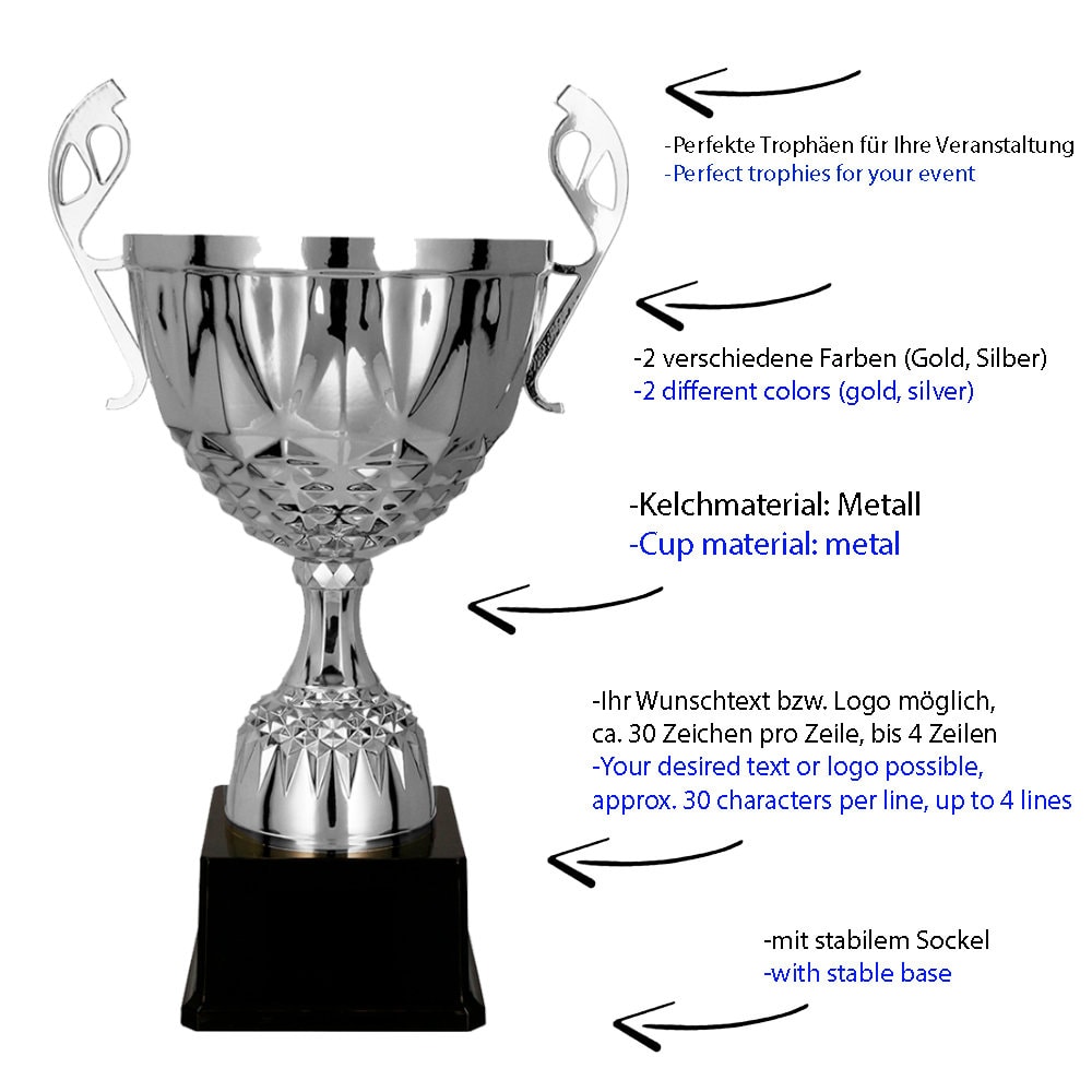Larius beker van metaal in goud en zilver, ereprijs trofee met gravure naar keuze (zonder gewenste tekst, goud, XL